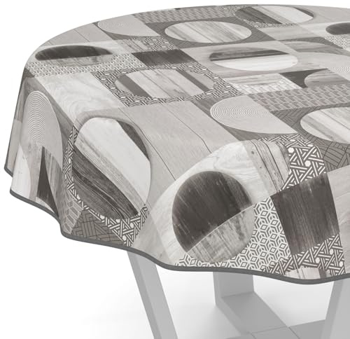ANRO Wachstuchtischdecke Wachstischdecke Wachstuch Tischdecke abwaschbar Gartentischdecke Wasserabweisend Rund 120cm mit Saum (Eingefasst) Holz Patchwork Grau