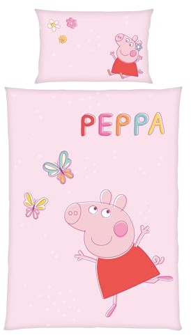 Peppa Pig sängkläder för barn, 100 x 135 cm påslakan + 40 x 60 cm örngott, andningsbar bomull, med dragkedja, greta gris fjäril i rosa, presentidé för flickor