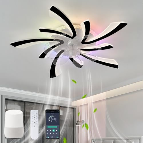 KVOYYIRA Lampara Ventilador Silencioso Para Dormitorio, Luz Ventilador Techo Infantil RGB LED Regulable Reversible, Ventilador Techo Con Luz Con Motor CC Compatible Con Alexa, Negro