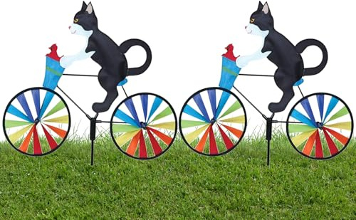 Jauhmui Lot de 2 moulins à vent 3D résistants aux intempéries - Vélo animal - Carillon éolien pour chien et chat - Pour l'extérieur, la cour, la pelouse, l'arc-en-ciel (chat noir)