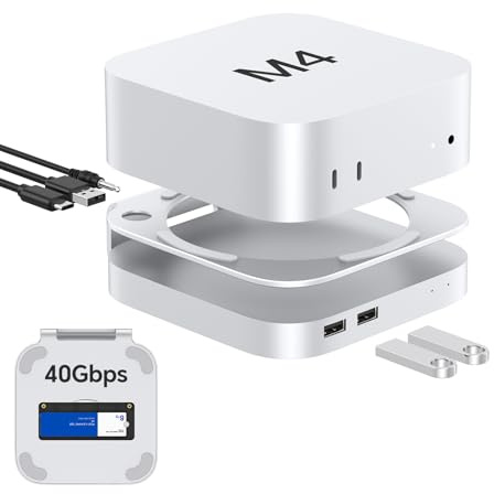 GEWOKLIY 40 Gbps Aluminium Mac mini Dock and Stand, USB 4 Hub for Mac mini M4 and M4 Pro 2024 with 40 Gbps M.2 NVMe SSD Enclosure, Triple USB A 2.0, 3,5 mm Audio Jack Accesories