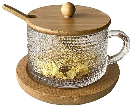 JKXLSLAX Tazze da caffè in vetro trasparente con coperchio, set di tazze da tè, frutta, dessert, farina d'avena, insalatiera con cucchiaio in legno (trasparente)