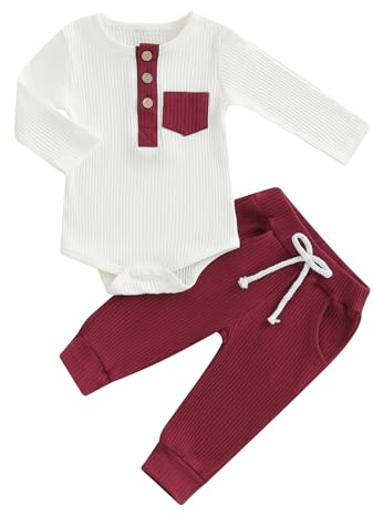 BeliBacca Completo neonato per bambino, a maniche lunghe, in maglia a coste con contrasto di colori, con salopette con bottoni, pantaloni lunghi elasticizzati, set di 2 pezzi, abbigliamento invernale
