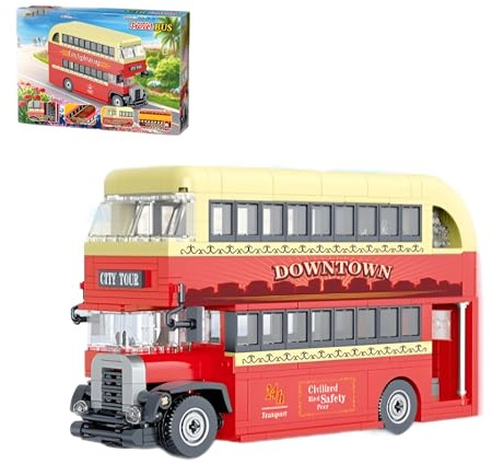 Stadt Reise Bus Bausteine Bausatz, 642Stück Kreative Doppel Decker Fahrzeug Modell Spielzeug, STEM Bus Bahnhof Klemmbausteine, Ideen Geschenke für Kinder Erwachsene und Büro Haus Dekor(991015）