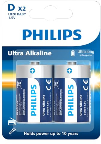 Philips D Batteries 12000mAh Alkaline D Size Cell Battery Ultra Long Lasting 1.5V R20 Batteries for Household and Office Devices 10-Year Shelf Life