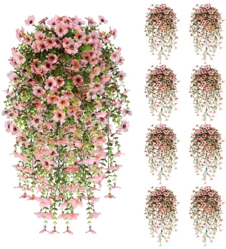 Lot de 8 fleurs artificielles en soie synthétique Pétunias réalistes résistants aux UV pour porche, maison, terrasse, balcon, cour (rose)