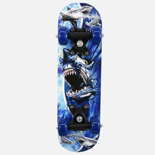 Skateboards, 23 x 5.5 inch Complete Skateboard for Beginners, 7 Layer Canadian Maple Double Kick Deck Concave Cruiser Trick Skateboard for Kids and Adults (S_14_Shark Frenzy Deck)