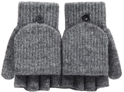 Kids Convertible Flip Top Winter Gloves Fingerless Flap Cover Gloves Kid Thermal Outdoor Half Finger Glove Baby Winter Knit Warm Mitten Wool Snow Cold Weather Mittens for 5-10Y Girls Boys Cycling