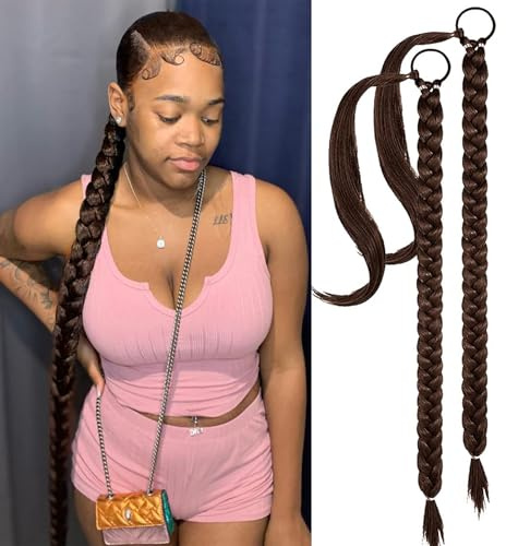2 Pcs 30zoll Brown Braid Extensions Pferdeschwanz Verlängerung mit Haargummi 76cm Lange Geflochtener Ponytail Verlängerung Natürliches Haarverlängerung Synthetisches Zopf Haarteil für Damen
