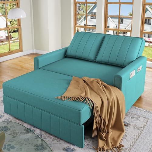 FammyLoft 2 Seater Sofa Bed, Foldable Sofa Bed with Adjustable Backrest and Stoveable Side Pockets, Pull Out Linen Sleeper Sofa for Living Room, 180 x 127 cm Convertible Bed Settee, Green
