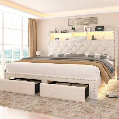 Siihnon Linen Full Size Bed Frame with 2-Tier Storage Headboard and Charging Station, Upholstered Platform Bed Frames with 2 Storage Drawers, Wooden Slats Support, No Box Spring Needed, Beige
