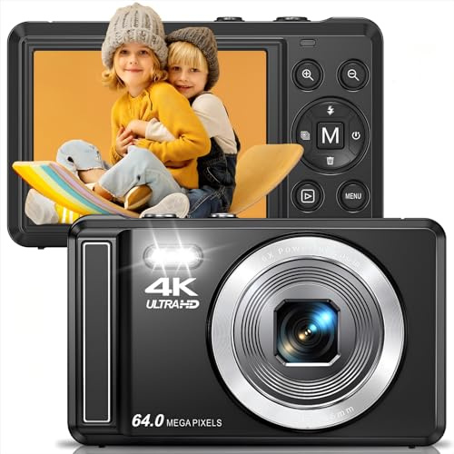 Digitalkamera, 4K 64MP Kompaktkamera Fotokamera mit 32GB Karte 16X Digitalzoom 2,4 großem Bildschirm Fotoapparat Digitalkamera für Kinder Einsteiger Teenager (Schwarz)