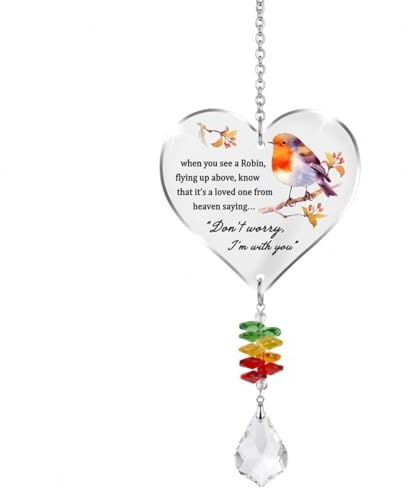 Robin Memorial Gifts for Mum and Friends - Acrylic Heart Suncatcher Plaque for Window - Remembrance Keepsake for Loss of Loved One
