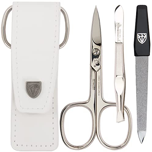 Tre svärdenheter – 3 st. Nagelvårdsset Venezia | Högkvalitativt manikyrset i äkta läder, nagelfodral, färg vit. Tillverkad i Tyskland | Innehåll: Nagelsax, pincett, safirnagelfil