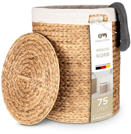 Casa Mina® Wäschesammler mit Deckel D45 x H55cm hoch I Atmungsaktiver Wäschekorb geflochten aus 100% Naturfaser I Robuster Wäschesammler mit Griffen & waschbarem Innensack I Wäschekörbe - Manila
