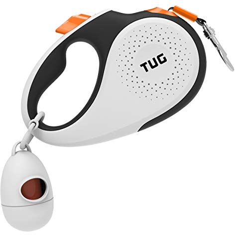 TUG 360° Tangle-Free Retractable Dog Leash with Waste Bag Dispenser (Medium, White/Orange)
