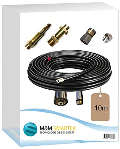 M&M Smartek Rohrreinigungsschlauch 10m, 4-Teilig mit Quick-Click | Mit starrer und rotierender Edelstahldüse, robustem Messing-Bajonett und Quick-Click-Adapter für M22-Hochdrucksysteme.