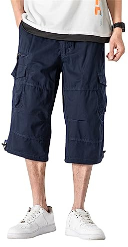 Allthemen Homme 3/4 Short Cargo Eté en Coton Pantacourt Décontracté Pantalon de Travail Court avec Multi-Poches Pantalon de Loisir Casual Sport avec Ceinture Bleu XL