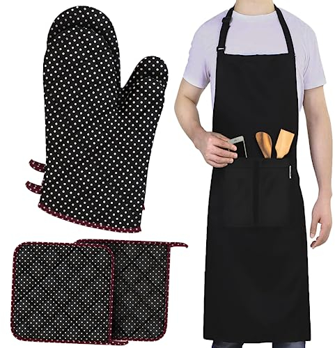 LEFUNDA® Lot de 5, avec 2 Gants de Four + 2 maniques + 1 Tablier de Cuisine, Tablier de Grill réglable avec 3 Poches, Gants Cuisine en Coton résistant à la Chaleur, Restaurant, café, Barbecue, Grill