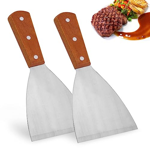 Griddle Scraper, Stainless Steel Slant Edge Grill Scrapers for Cast Iron Wood Handle Spatula Scrapers for Food Service/Cooking/Cleaning, Ideal for BBQ Indoor & Outdoor (2)