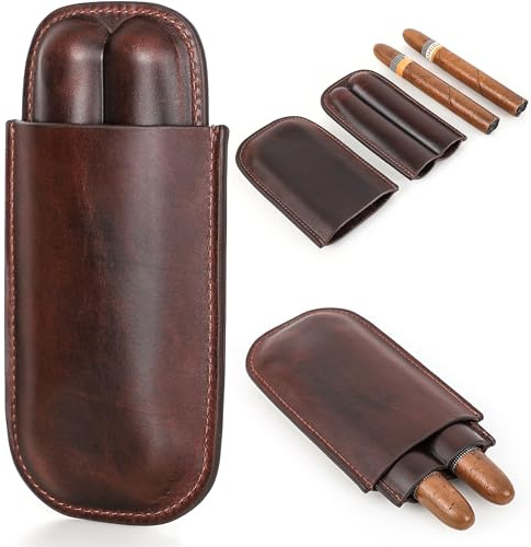 CataPurus Reise-Zigarrenetui aus genarbtem Leder, Vintage-Design, vollständig handgefertigt, echtes Leder, tragbare Zigarren-Humidor-Hülle, Geschenkwahl für Zigarrenliebhaber, roter Kaffee für 2