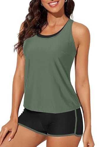 Bsubseach Racerback Tankini Maillots De Bain pour Femme Trois Pièces Colorblock Maillots De Bain Vert L