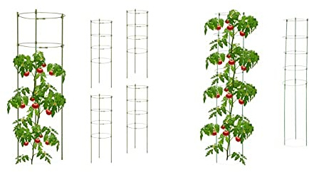Relaxdays Rankhilfe, 5er Set & Rankhilfe, 2er Set, Tomatensäule für Garten & Balkon, 150 cm, je 5 Ringe, Pflanzstäbe Eisen & Kunststoff, grün