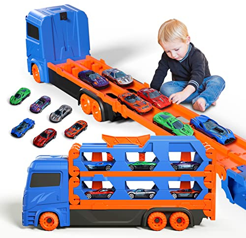 Toddler Toys for 2 3 4 5 6 Years Old Boys, Die-Cast Transport Truck Car Toys 61-Inch Race Track for Boys Kids, Toddler Car Toys Set for Kids Boys Girls