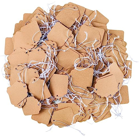 200 små prislappar, pappersetiketter med elastiskt rep, tomma presentetiketter för kläder, smycken, presenter (3,5 x 4,6 cm, brun)