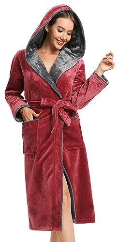 Vislivin Fleece Dressing Gown for Women Fluffy Hooded Dressing Gown Luxury Robe Soft Bathrobe Wine Red-M