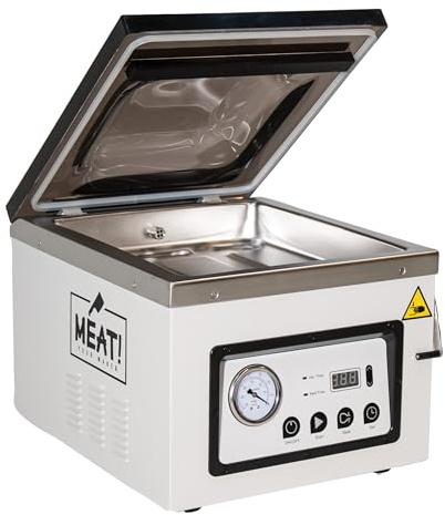 MEAT! Chamber Vacuum Sealer with 12 Sealing Bar, Adjustable Seal Time, Vacuum Gauge, and Vacuum Bag Sampler Pack for Preserving Meat and Vegetables