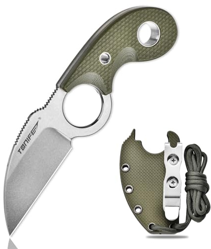 TONIFE Halvmåne Halskniv Kniv för Utomhusbruk Fast Blad i 8Cr14MoV-Stål med Slida, Nyckelband och Klämma Kniv med Full Tång Överlevnadskniv (Grön+Stentvätt)