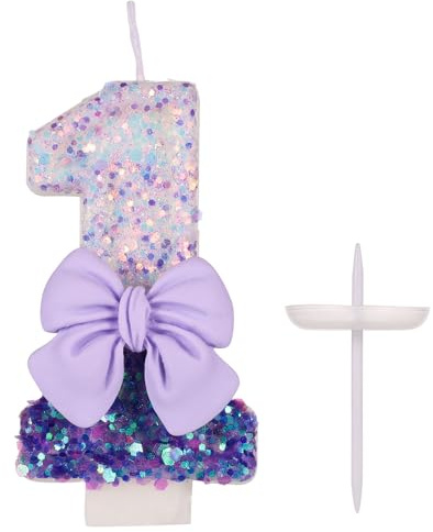 Geburtstagskerzen Zahlen, 7,3cm Lila Geburtstagskerzen-Schleife 0-9 Glitzer Kuchendekoration mit Pailletten für Geburtstag Hochzeit Jubiläum Party Backen Feiern (Zahl 1)