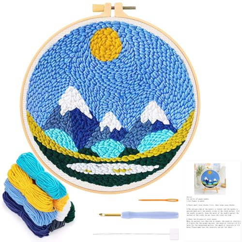 JSRQT Stanznadel Stickerei Starter Kit für Anfänger,Punch Needle Embroidery Starter Kit, DIY Stanznadel Kit mit Stickrahmen,Stoff,Fäden,Einfädelhilfe(Schneeberg)