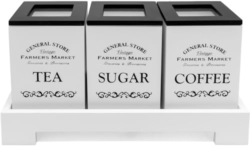 Maison Des Cadeaux Retro Tea Leaves and Teabags Storage, Sugar Holder, Coffee Granule & Coffee Pod 3 Piece Canister Set with Stand, White Wooden Kitchen Accessory Decor Piece, Spice Storage Jar Set