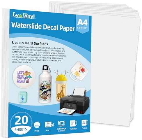 Lya Vinyl Laser Wasserschiebefolie A4X20 Blatt, Hauchdünn, Abziehbild - Decalfolie, Nassschiebefolie für Spielzeugmodelle, Tassen, Keramik, Glas, Kunststoff