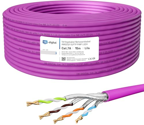 HB-DIGITAL - Cavo di rete CAT.7a, 15 m, cavo di rete LAN, AWG 23, in puro rame S/FTP PiMF LSZH, privo di alogeni, compatibile con RoHS, Ethernet, cavo dati PoE 10 Gbit/s, massimo 1200 MHz, viola