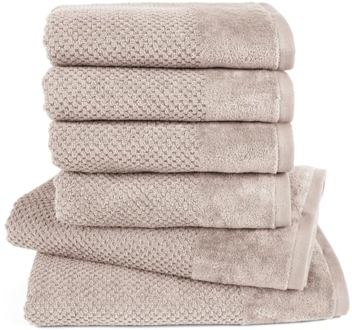 Pure Label 6-TLG. Handtücher Set mit Aufhängeschlaufen aus 100% Baumwolle, saugstark, weich und Oeko-TEX Zertifiziert - 2X Badetuch (70x140 cm) 4X Handtuch (50x100cm), Stein - Taupe