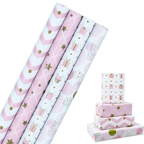 Rotolo di carta da regalo di compleanno: carta da regalo rosa riciclabile per confezioni regalo di compleanno, decorazione per feste, 4 rotoli 43 cm x 3 m