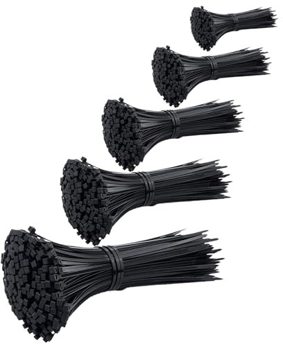 500 Pieces Cable Ties Assorted Sizes 100/120/150/200/300 mm Black Cable Ties Heavy Duty Tie Wraps Assorted Nylon Plastic Zip Ties, Adjustable Cable Straps for Cable Management, Home, Gardening