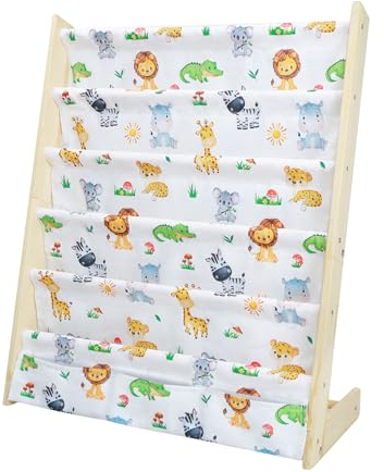 wooshwa Bücherregal Kinder für Kinderzimmer Kinderregal Regal kleines Bücherregal mit 5 Regale & 3 Tasche, Aufbewahrungsregal Bücher-Organizer aus Kiefer und Oxford-Stoff (Waldtiere Weiß)