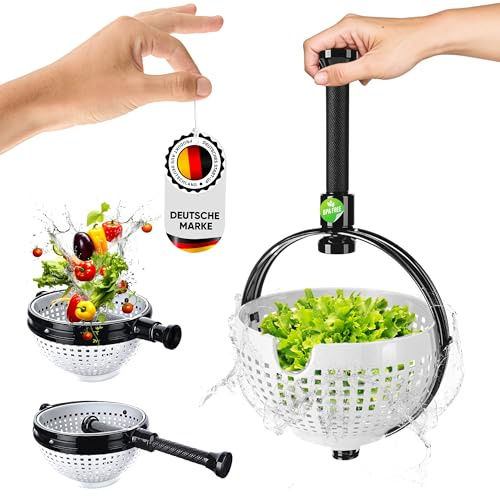 WoonFux® NEU!!! Salatschleuder mit praktischem Klappgriff - Salat Spinner mit minimaler Kraftanwendung durch Druck - Salatschleuder faltbar für Ihren Küchenkomfort (Weiß)
