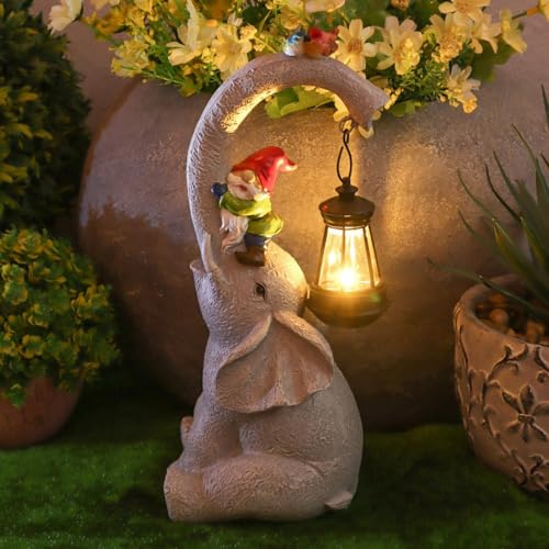 Elefanten Deko mit Solar Laterne Gartenzwerg,Elefant Tier Statue für Garten,Elefant mit Zwerge Figur Solar Lichterkette,für draußen Rasen Terrasse Hof-Zwerg Geschenke für Mama/Oma/Geburtstag (Stil 1)