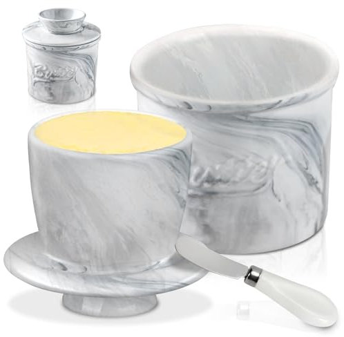 WIYETY Mantequera francesa de cerámica, refrigerada por agua, con línea de flotación, campana de mantequilla con tapa para frescura y mantequilla untable (color mármol)