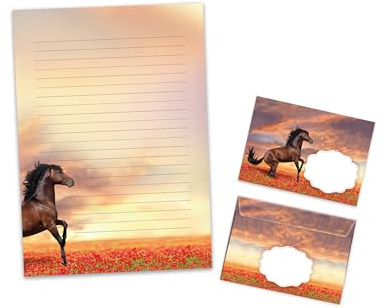 Briefpapier-Set Briefblock mit Umschlag für Jungen Mädchen Kinder Tiere Pferd Mohnblumen (Block A4 mit 25 Blätter + 15 Umschläge)