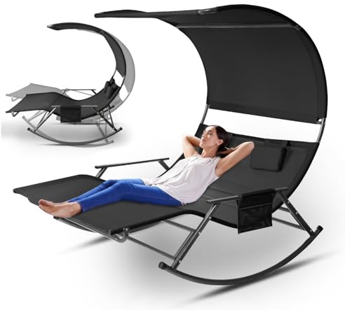 ISOISL Tumbona doble para exteriores, tumbona para 2 personas, con toldo, bolsa, columpio doble hasta 250 kg, tejido transpirable, elección de colores versátil para jardín, balcón, terraza (negro)
