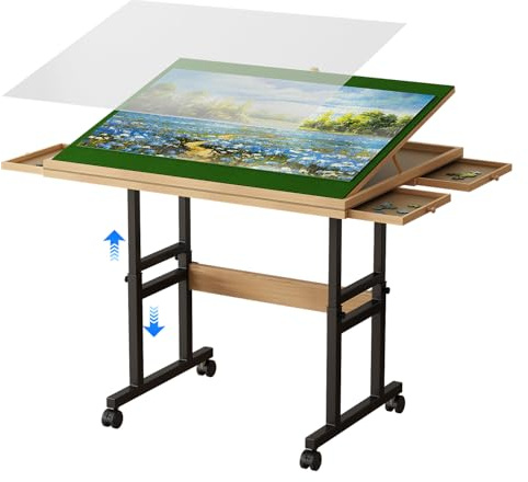 Kasinali 1500 Piece Jigsaw Puzzle Table with Wheels Legs 35x27.2 Adjustable Height 3-Tilting-Angles Portable Wooden Rolling Storage Puzzle Board Table Desk with 4 Drawers & Cover Gift for Adults
