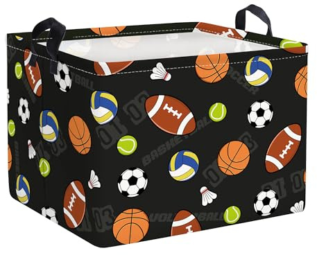 HUUMONSS Sports Balls Baby Laundry Hamper Collapsible Clothes Kids Storage Basket Large Boys Gift Toy Box Bin for Play Room, Black, 36L