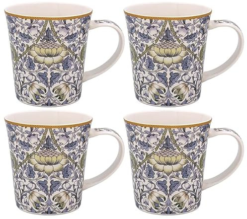Leonardo Collection Lodden muggar set med 4 William Morris, te- och kaffemuggar för varma drycker | fina Kina tryckta muggar för kök och hem | återanvändbara keramiska koppar för varje tillfälle