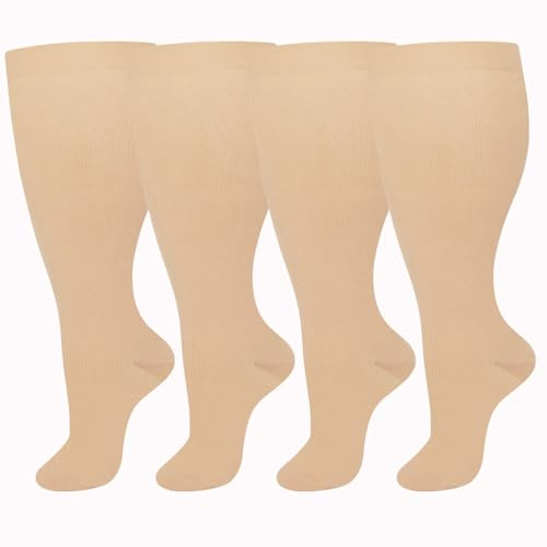 SOJOFEL Kompressionsstrümpfe Dicke Waden für Damen - Übergröße Kompressionssocken Herren Medizinische Stützstrümpfe Thrombosestrümpfe Männer für Flug Laufen 2 Paar Beige 4XL